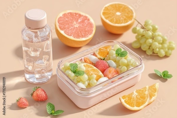 Fototapeta Fresh and Colorful Fruit Salad with Water Bottle on a Soft Beige Background Perfect for Healthy Lifestyle and Meal Prep Inspiration