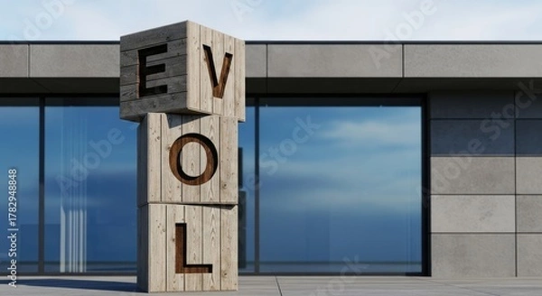 Fototapeta Wooden Cubes with EVOL Text Art Installation Modern Architecture Display