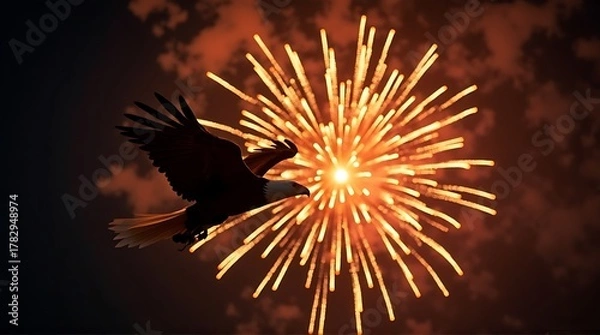 Fototapeta Majestic Bald Eagle in Flight Against Dazzling Patriotic Fireworks Display – Symbol of American Freedom  Independence