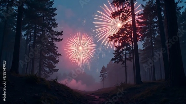 Fototapeta Spectacular Fireworks Display in Misty Forest at Night - Celebration, New Year's Eve
