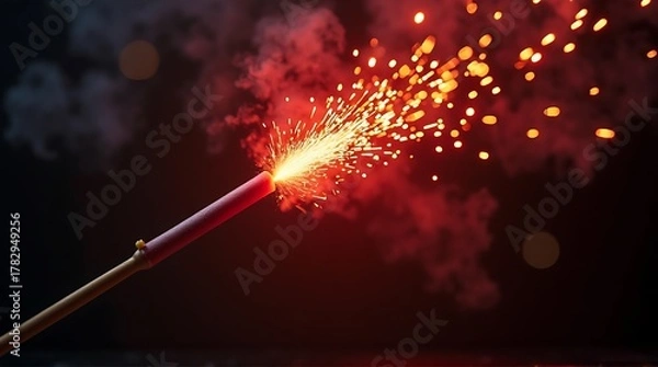 Fototapeta Lit Sparkler with Red Sparks on Dark Background - Festive Celebration, New Year  Party Fireworks