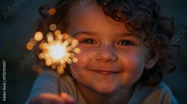 Fototapeta Happy Child Holding Glowing Sparkler at Night, Joyful Kid Celebrating with Magical Light and Wonder
