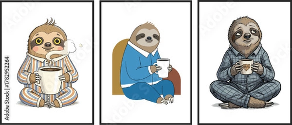Fototapeta Set of Three Sloth Characters Drinking Coffee or Tea. Vector Collection of Cute Animals in Pajamas for Bedtime, Morning Routine, or Cafe Wall Art.
