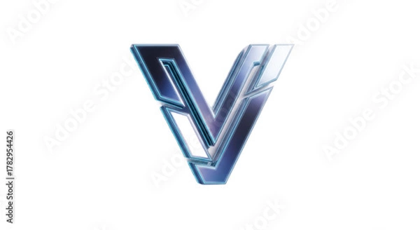 Fototapeta Abstract futuristic letter v design with glowing neon lines on transparent background
