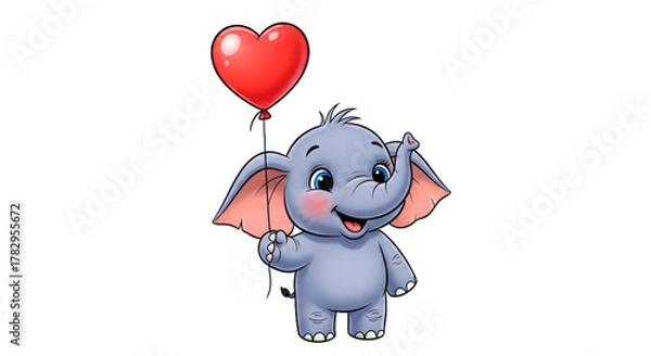 Fototapeta Cartoon elephant with a red heart balloon isolated on transparent background