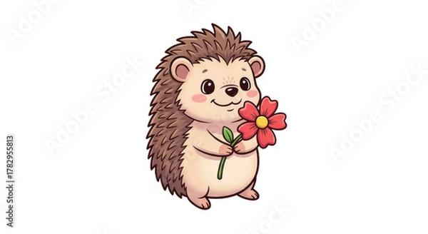 Fototapeta Cartoon hedgehog with red flower on transparent background isolated illustration