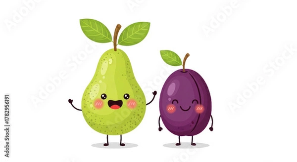 Fototapeta Cartoon pear and plum characters with cheerful expressions and transparent background