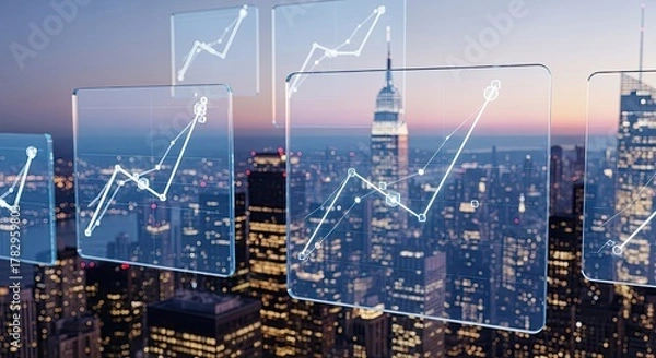 Fototapeta Financial growth over the cityscape with positive trends and upward curves