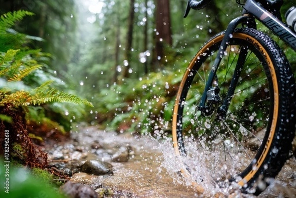 Obraz Mountain biking adventure with splashing water, surrounded by lush green ferns and trees in a vibrant forest setting, showcasing the thrill of outdoor exploration