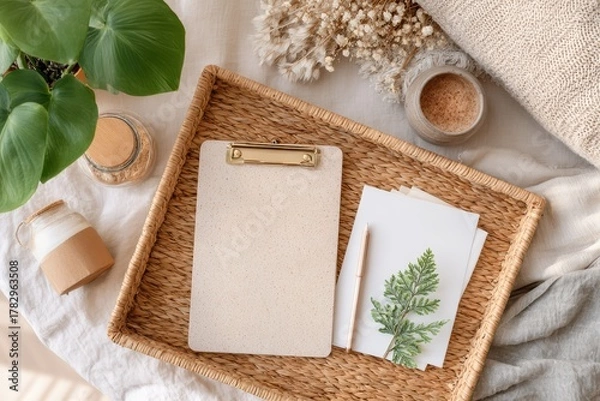 Obraz Natural Workspace Arrangement with a Clipboard, Stationery, Green Plant, and Decorative Elements for Minimalist Aesthetic and Photography Inspiration