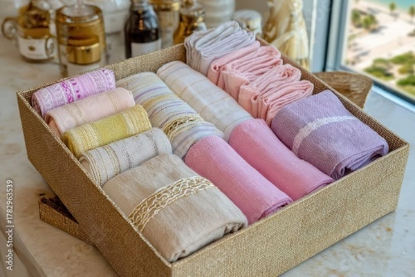 Obraz Neatly Organized Set of Colorful Hand Towels and Linen in a Natural Woven Basket on a Stylish Kitchen Countertop with Beautiful Scenery in Background
