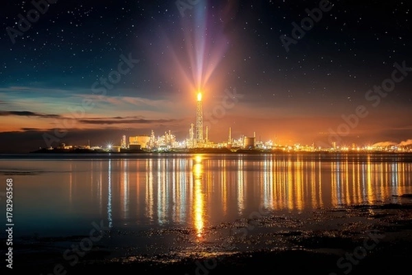 Obraz Nighttime Reflection of an Oil Refinery with Illuminated Flare Stacks Against a Starry Sky over Calm Water Surface in a Tranquil Industrial Landscape