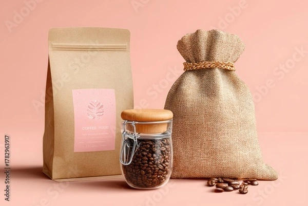 Obraz Organic Coffee Products Displayed with Coffee Beans in a Rustic Setting on a Soft Pink Background for a Natural and Modern Aesthetic
