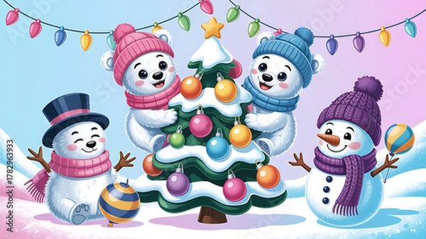 Fototapeta Cute illustration of a cartoon snowman with a hat and scarf next to a Christmas tree decoration in the winter snow. Snowman party. 