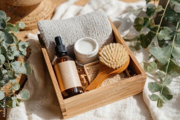 Obraz Organic Spa Essentials in a Wooden Box Featuring Natural Products for Self-Care and Relaxation, Including a Brush, Lotion, and Herb-Infused Sprays