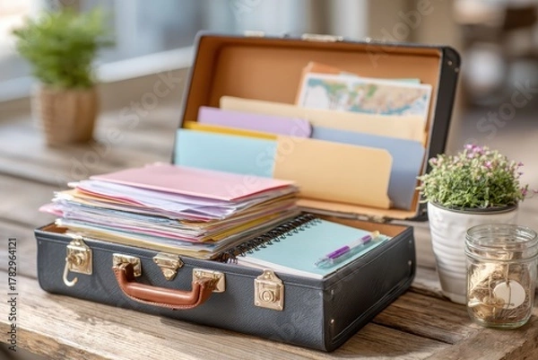 Obraz Organized Workspace with Vintage Suitcase Filled with Colorful Documents, Notebooks, and Office Supplies in a Bright, Inviting Environment
