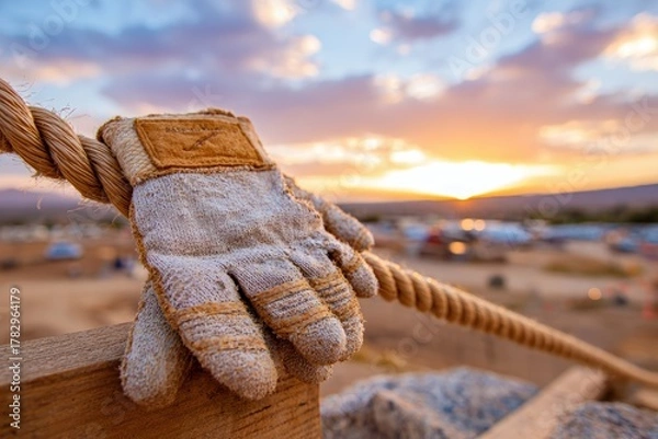 Obraz Outdoor Work Glove Resting on a Wooden Fence Post at Sunset, Capturing the Beauty of Dusk with Colorful Sky and Peaceful Environment