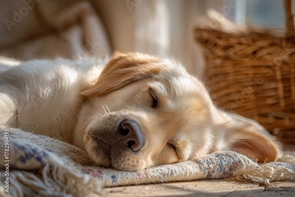 Obraz Peaceful Golden Retriever Puppy Sleeping Cozy on a Soft Blanket Near a Sunlit Window with a Basket in the Background Creating a Warm Home Atmosphere