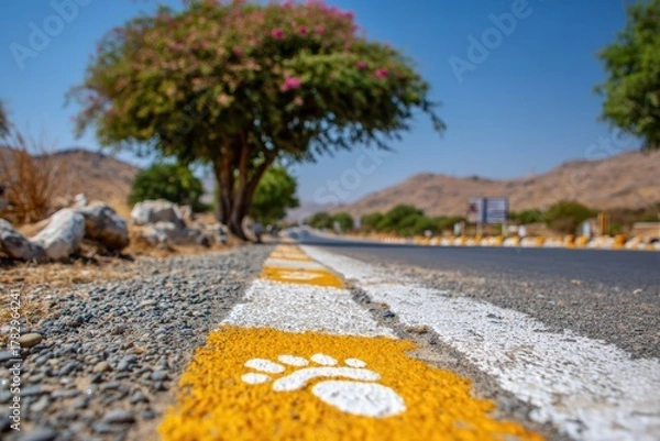 Obraz Peaceful Roadside Scene with Colorful Tree and Footprint Markings on the Open Road Surrounded by Rocky Terrain and Blue Sky in a Serene Landscape