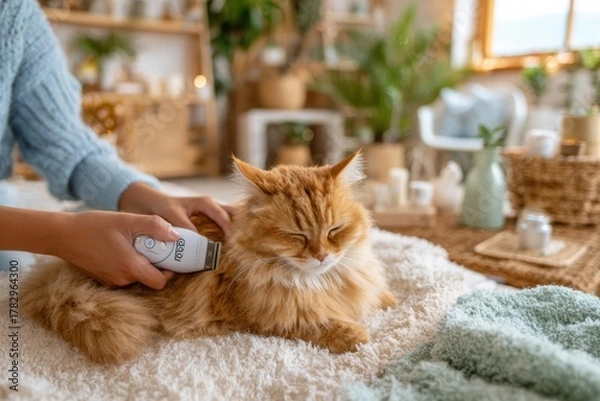 Obraz Person Grooming a Fluffy Orange Cat with Pet Clipper in Cozy Home Environment, Featuring Soft Textiles and Green Plants for a Tranquil Atmosphere