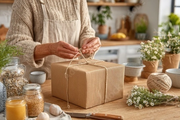 Obraz Person in cozy sweater wrapping a gift box with natural twine in a warm, inviting kitchen surrounded by fresh herbs and rustic decor elements for a charming atmosphere