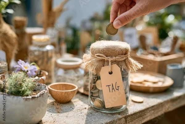 Obraz Person placing coin into jar labeled tag on rustic wooden table surrounded by greenery and various decorative items in sunlit interior setting