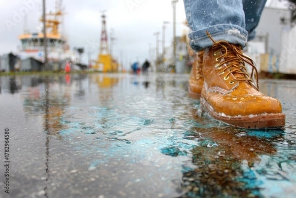 Obraz Person Wearing Waterproof Boots Walking Through Rainy Waterfront With Reflections on Wet Ground and Boats in the Background, Creating a Moody Atmosphere
