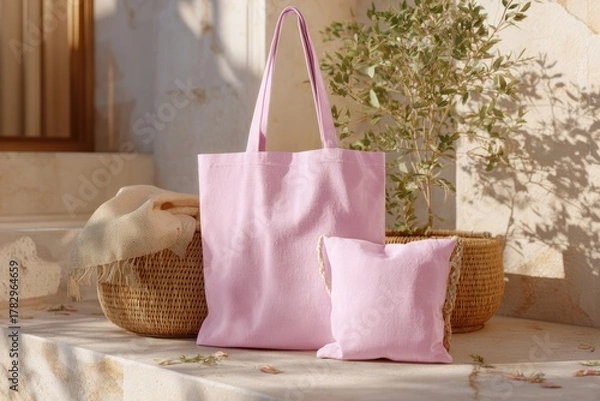 Obraz Pink fabric tote bag and cushion on a sunlit stone surface surrounded by natural elements, creating a cozy and aesthetic atmosphere for interior decor inspiration.