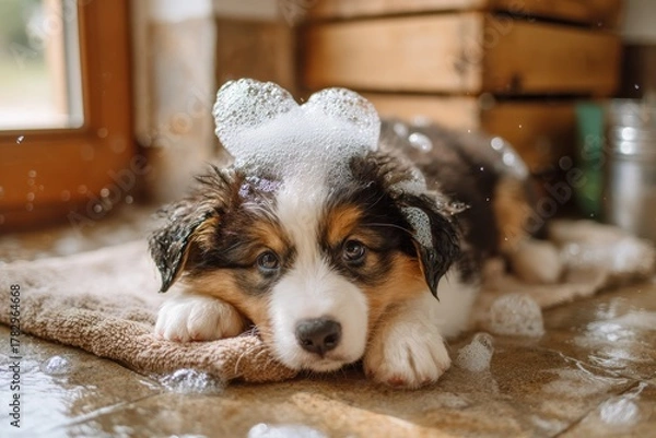 Obraz Playful Puppy Relaxing on a Towel Surrounded by Bubbles in a Bright and Inviting Washroom Setting with Natural Light Streaming Through the Window