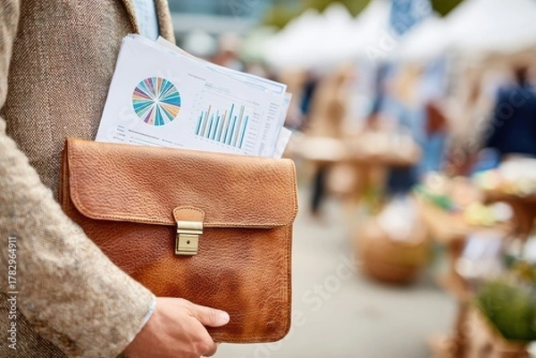 Obraz Professional holding leather briefcase with documents and graphs outdoors in a busy market or fair setting, emphasizing business and collaboration in the community