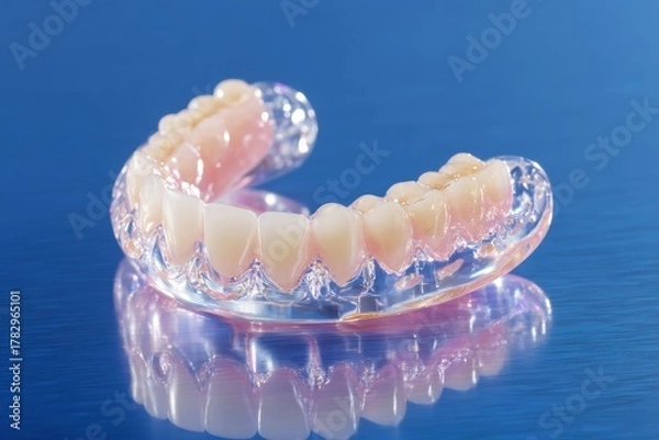 Obraz Realistic dental prosthesis with detailed craftsmanship displayed on a reflective surface, showcasing only the highest quality materials and artistry in orthodontic solutions.