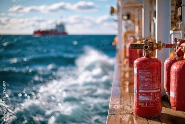 Obraz Red fire extinguishers lined up on a ship deck with a blurry vessel in the background, surrounded by waves and a blue sky, conveying safety at sea and maritime operations.