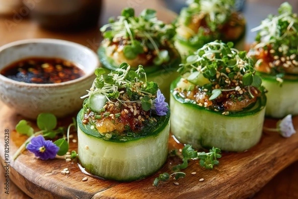 Obraz Refreshing Cucumber Rolls with Savory Toppings, Fresh Herbs, and a Rich Dipping Sauce on a Rustic Wooden Platter