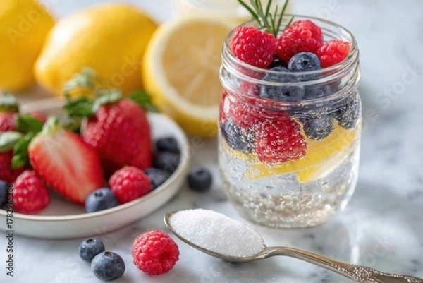 Obraz Refreshing Sparkling Water Infused with Fresh Berries, Slices of Lemon, and a Touch of Sugar for a Colorful and Invigorating Summer Beverage Delight