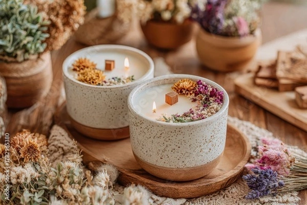 Obraz Relaxing and Aromatic Handmade Candles with Dried Flowers on a Rustic Wooden Table Surrounded by Natural Elements and Soft Textures for Cozy Ambiance