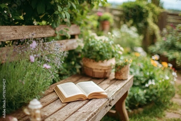 Obraz Relaxing Garden Setting with Open Book on Wooden Bench Surrounded by Lush Greenery and Colorful Flowers, Ideal for Tranquility and Serenity in Nature