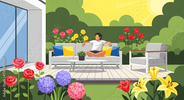 Fototapeta Relaxed person enjoying a serene summer day on a sunlit patio surrounded by vibrant blooming flowers and lush greenery