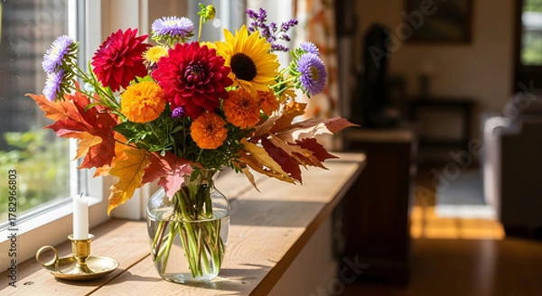 Fototapeta Vibrant autumn bouquet of sunflowers, dahlias, and asters in a glass vase on a windowsill with fall leaves