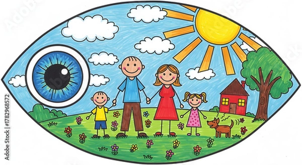 Obraz Happy family in a colorful, artistic eye-shaped landscape under a bright sun, symbolizing vision and well-being