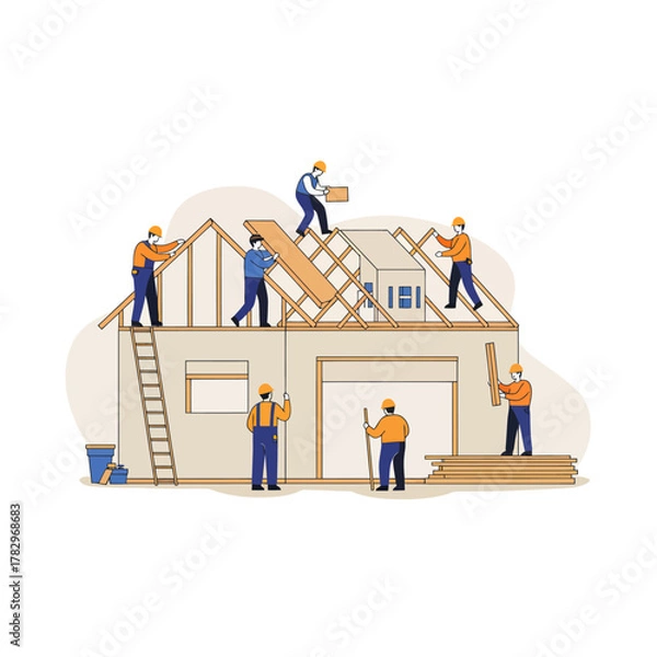 Fototapeta Construction crew building a house