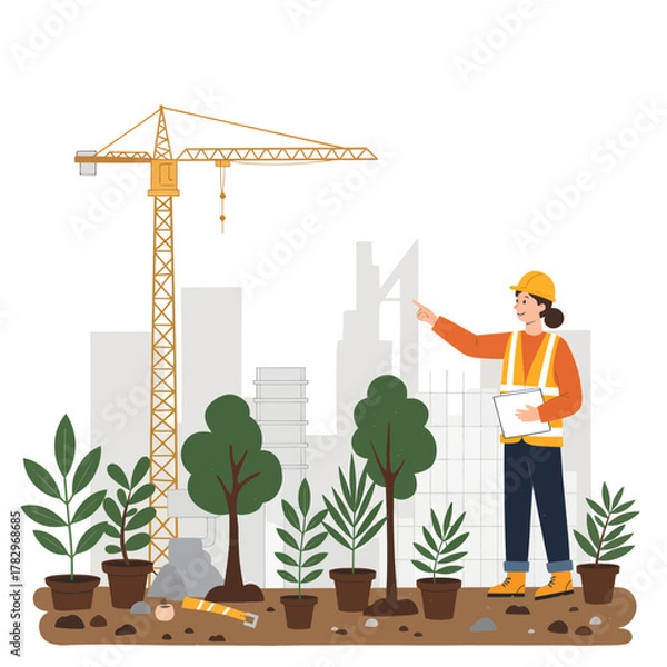 Fototapeta Construction manager inspects urban reforestation project