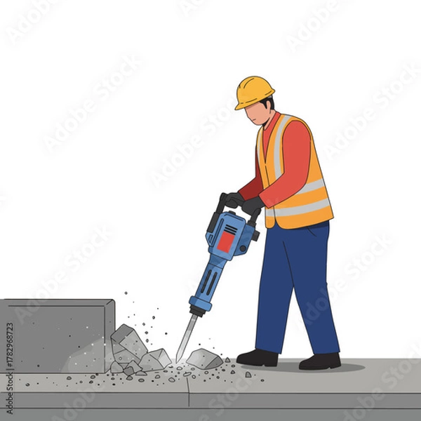 Fototapeta Construction worker using jackhammer on pavement
