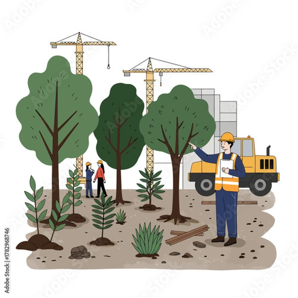 Fototapeta Reforestation construction scene with workers