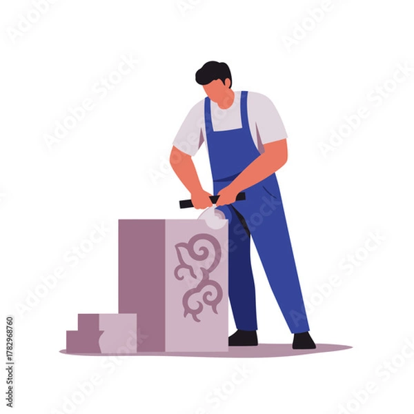 Fototapeta Stone carver meticulously shapes intricate design