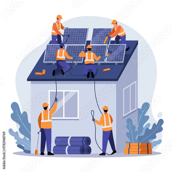 Fototapeta Solar panel installation team at work