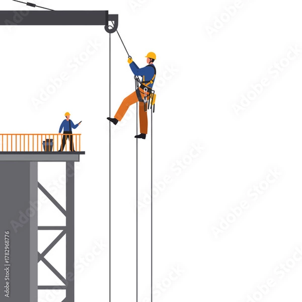 Fototapeta Suspended worker descending near bridge