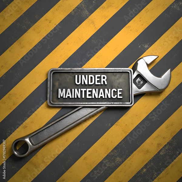 Obraz Wrench with "Under Maintenance" sign for construction updates, website downtime, or engineering projects needing attention and industrial solutions