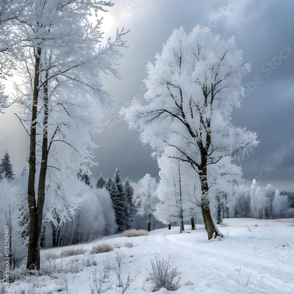 Obraz Enchanting winter wonderland landscape with frosted trees, a snowy path, and soft light filtering through the clouds creating a peaceful, serene atmosphere