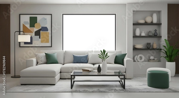 Fototapeta Modern Living Room With Sectional Sofa, Abstract Art, Coffee Table, Floor Lamp, And Decorative Accents