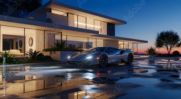 Fototapeta Luxury Modern Mansion with Sports Car parked outside on a wet driveway during twilight, reflecting lights